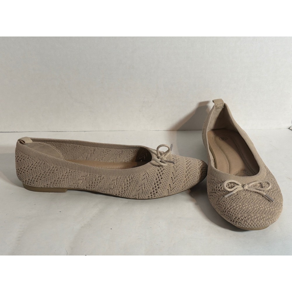 Beige Pointelle Knit Pointed Toe Ballet Flats with Decorative Bow Detail